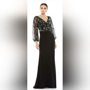 Mac Duggal EMBROIDERED ILLUSION PUFF SLEEVE COLUMN GOWN NWT size 14 black (79379